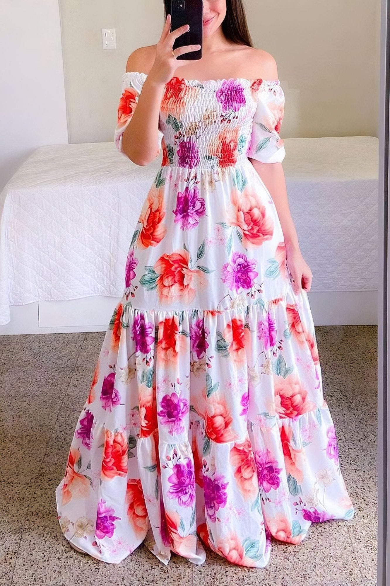 acelimosf™-One-shoulder floral off-shoulder long printed dress