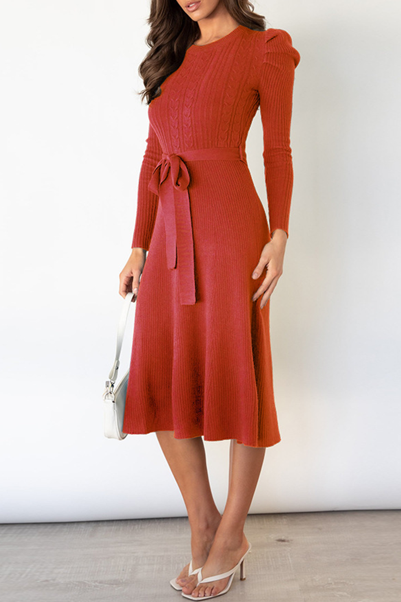 acelimosf™-Elegant Solid With Belt O Neck Sweater Dresses