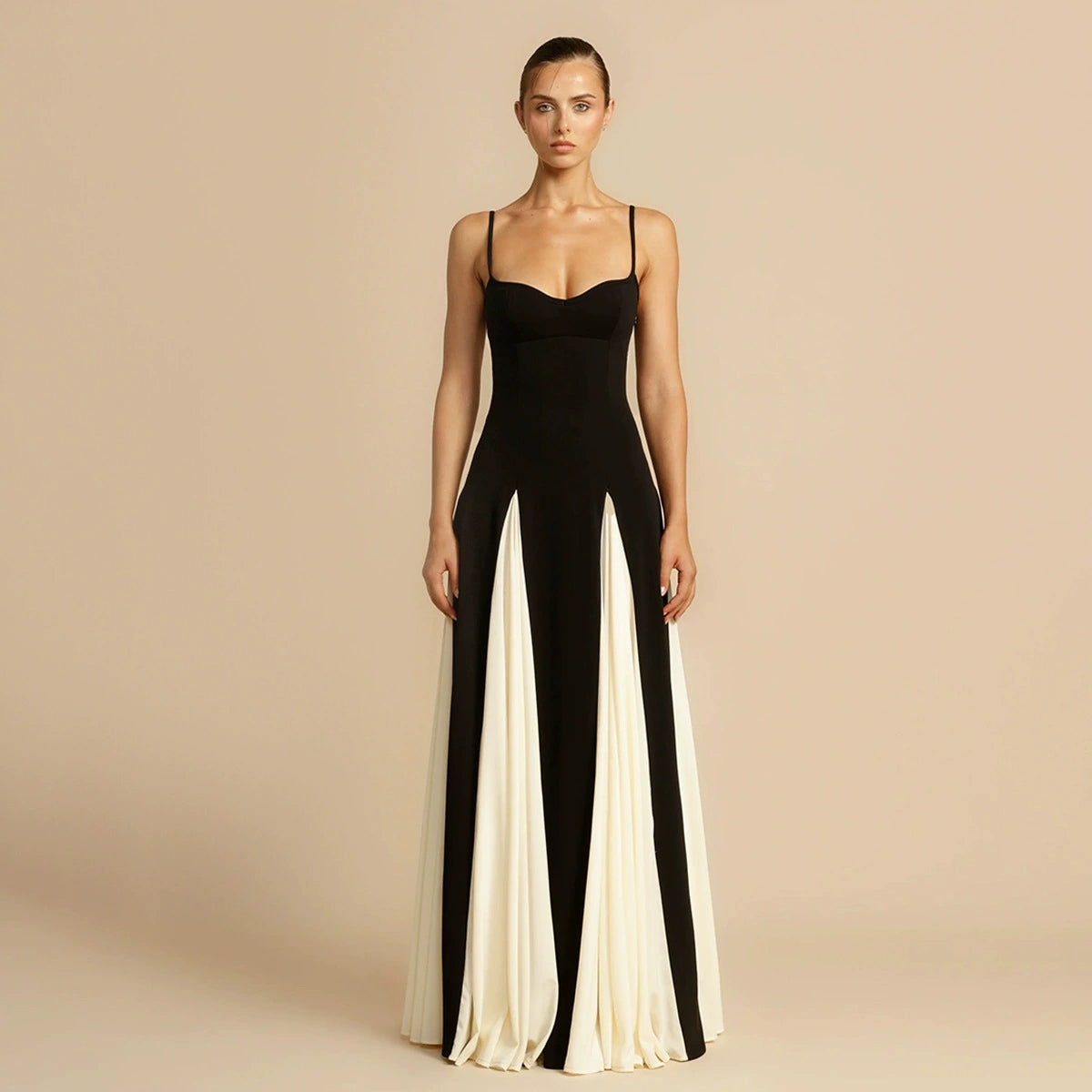 acelimosf™-Hot girl long dress black and white contrast suspender dress