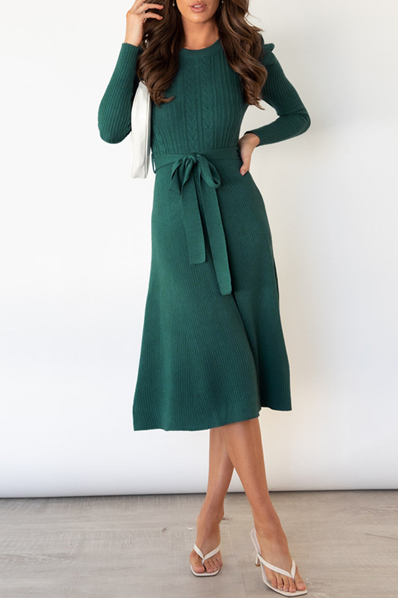 acelimosf™-Elegant Solid With Belt O Neck Sweater Dresses