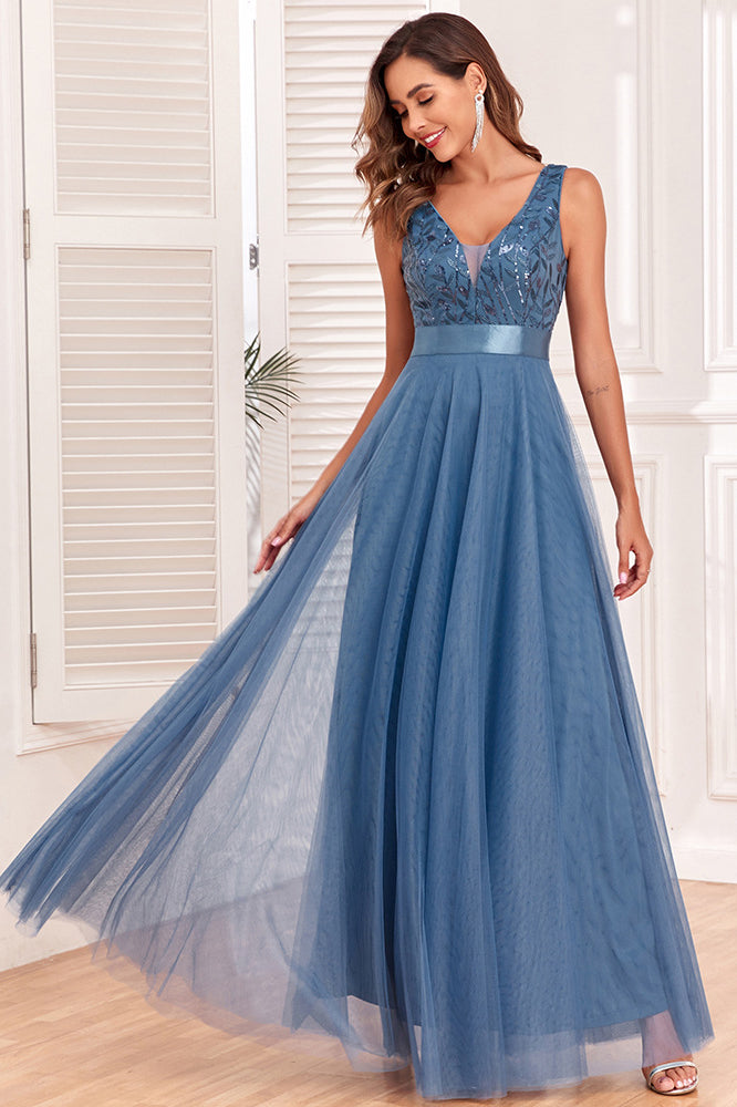 acelimosf™-Spliced Elastic Waist Sleeveless V Neck Evening Dress Tulle Embroidery Long Party Dress