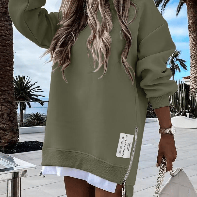 Long Sleeve Pullover Sweatshirt Zipper Slit Casual Dress