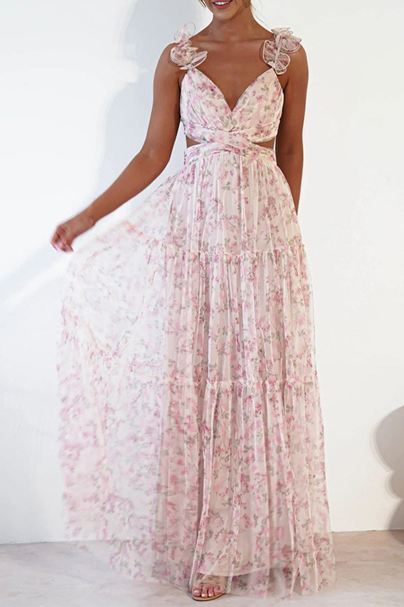 acelimosf™-Elegant Print Flowers Patchwork Frenulum V Neck Princess Dresses