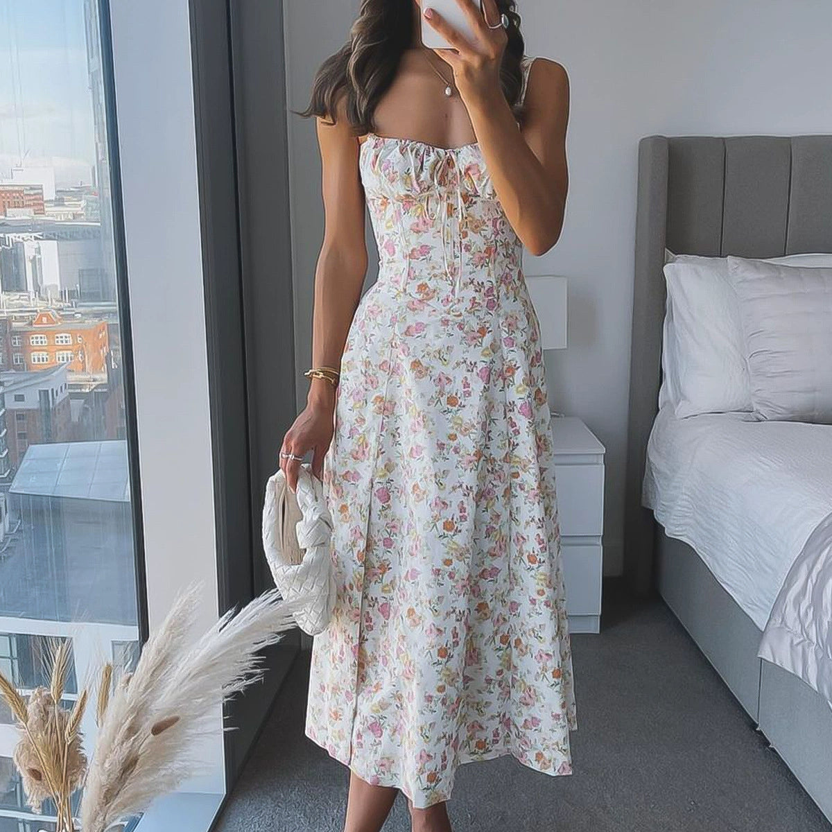 acelimosf™-Sexy backless slim suspender dress holiday style floral slit midi dress