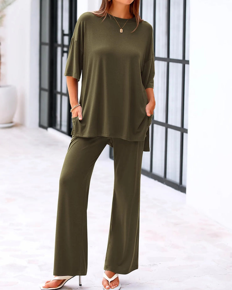 Casual loose solid color short-sleeved wide-leg pants two-piece set