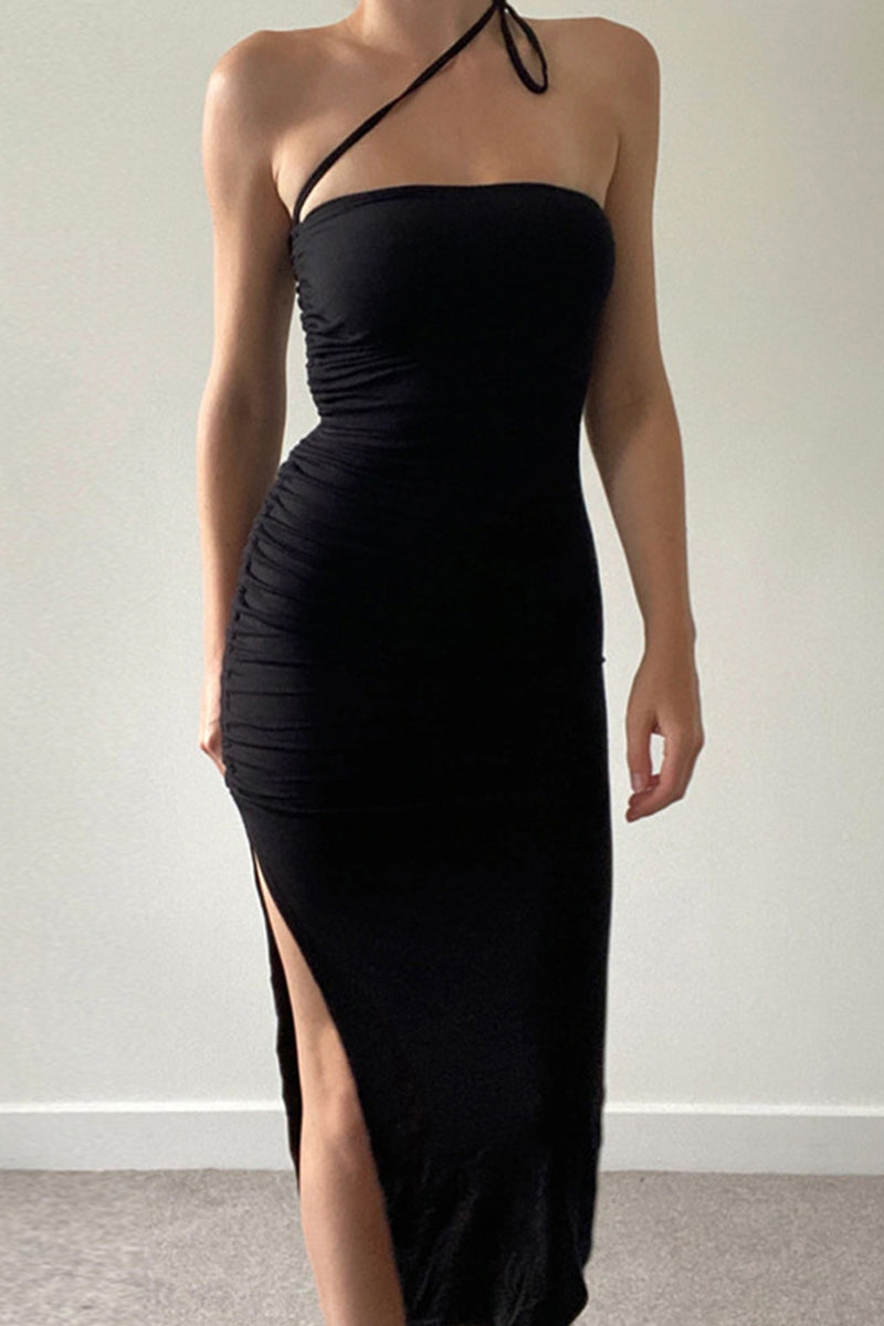 acelimosf™-Sexy Solid Draw String Frenulum Slit Strapless Wrapped Skirt Dresses