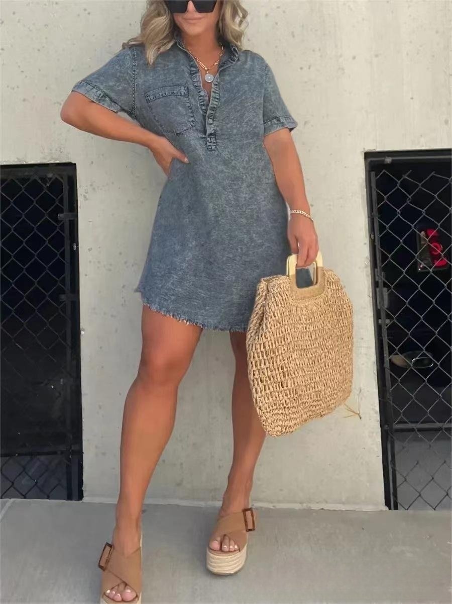 acelimosf™-Short Sleeve Casual Denim Shirt Dress