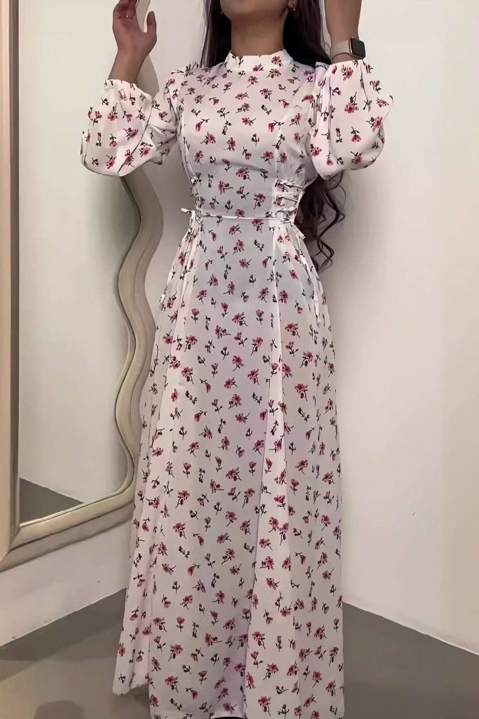 acelimosf™-Round Neck Fashion Print High Waist Long Sleeve Dress