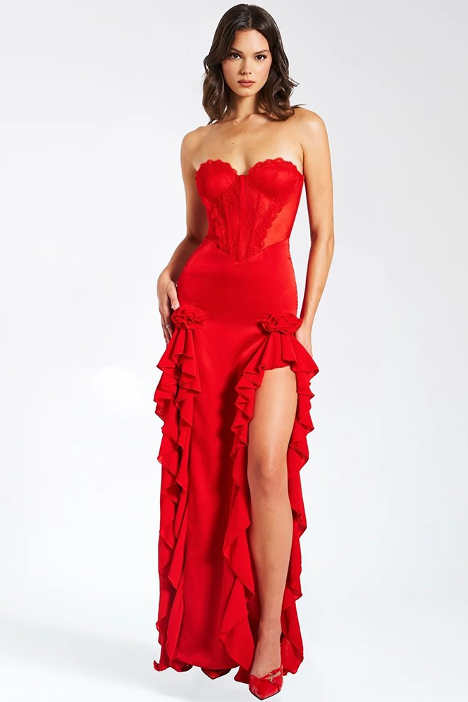 acelimosf™-Strapless dress ruffled slimming high slit evening dress