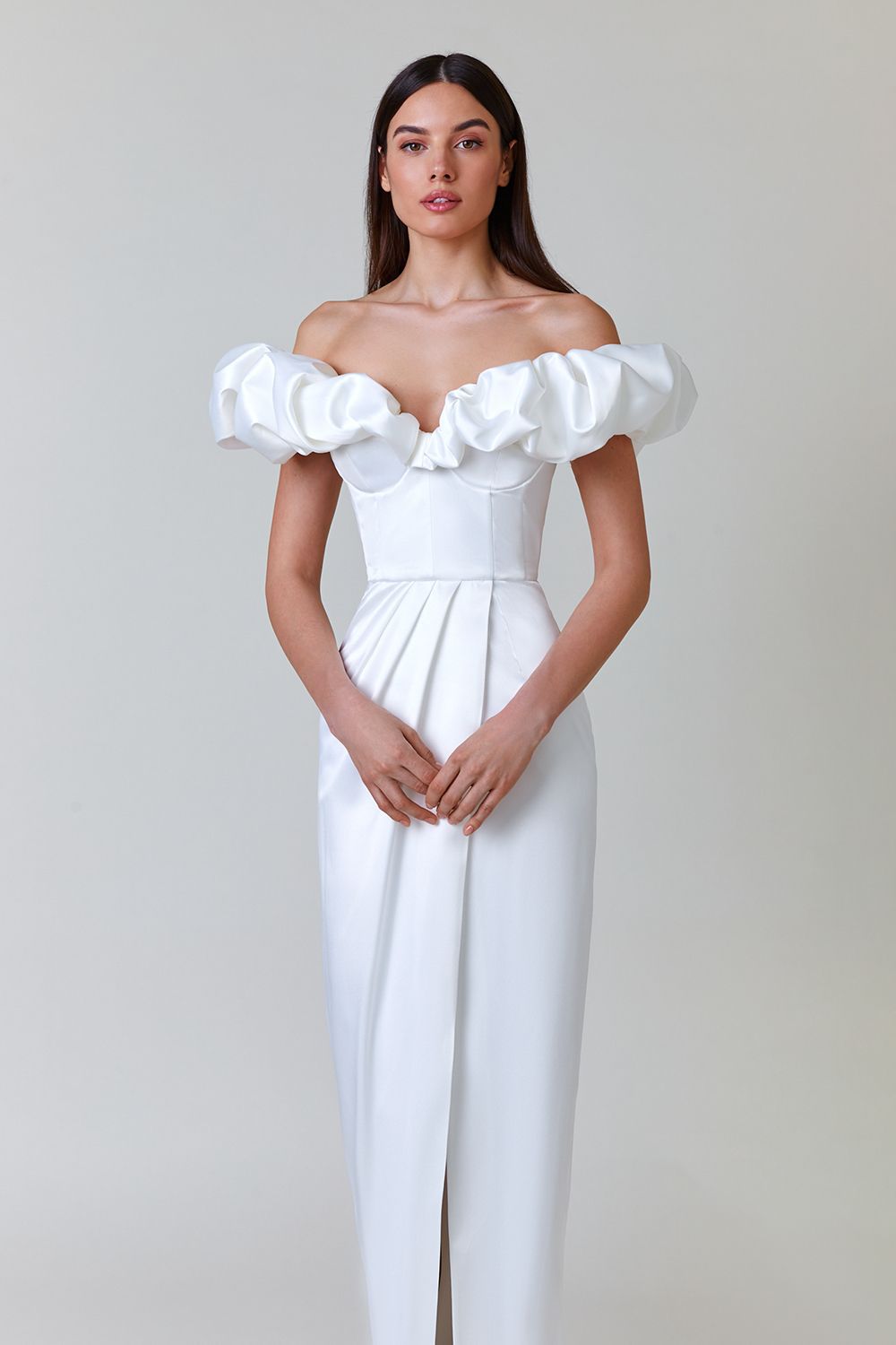 acelimosf™-One-shoulder strapless ruffled dress with high slit