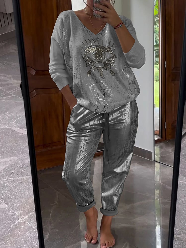 Evil Eye Gold Foil Top and Glittering Pants Set