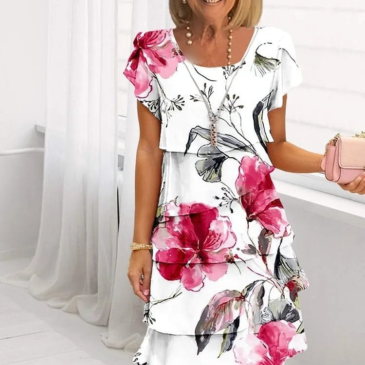 Multi-Plant Floral Print Cascade Dress