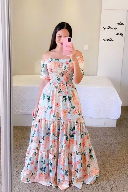 acelimosf™-One-shoulder floral off-shoulder long printed dress