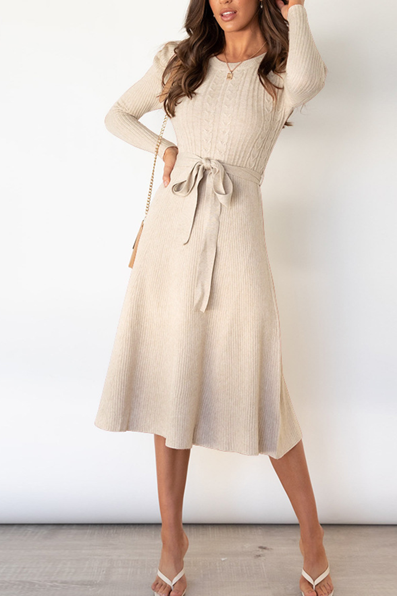 acelimosf™-Elegant Solid With Belt O Neck Sweater Dresses