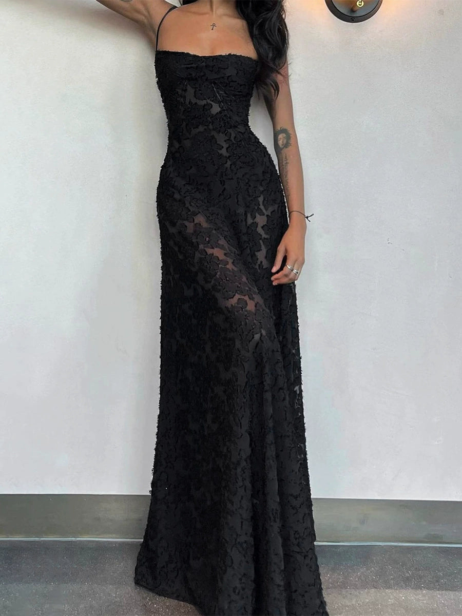 acelimosf™-Black see-through suspender skirt sexy backless long dress evening dress