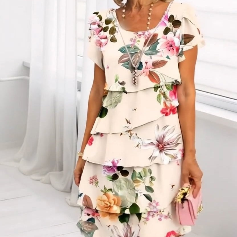 Multi-Plant Floral Print Cascade Dress