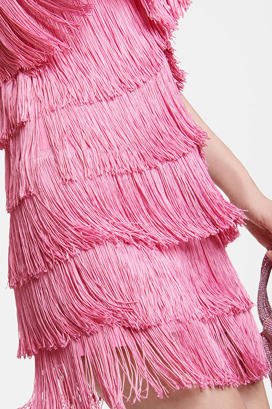 acelimosf™-Low-cut V-neck suspender tassel pink dress