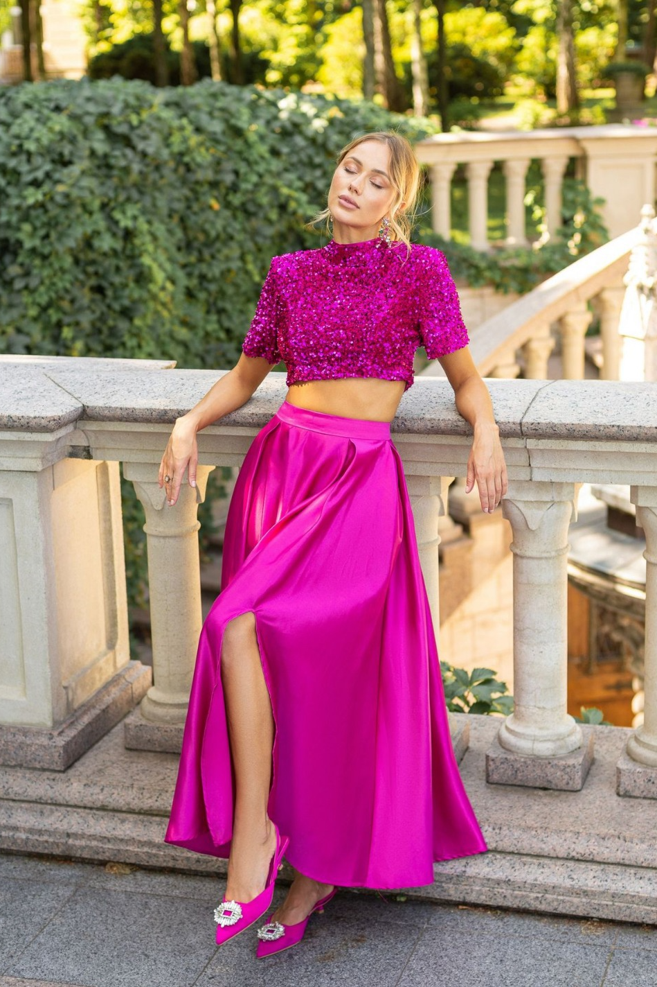 acelimosf™-Sequin bow cropped top slit skirt suit