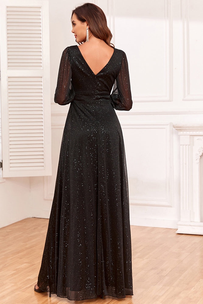 acelimosf™-V-neck high slit big A-line sparkling evening dress