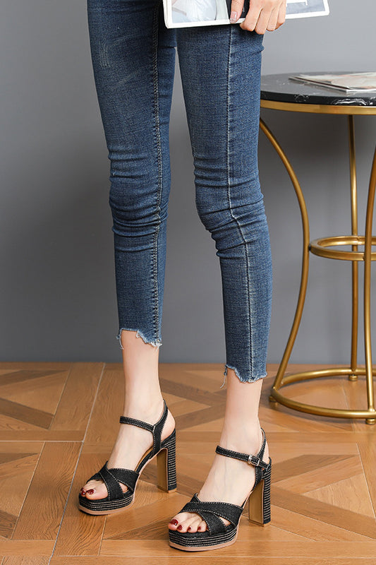 acelimosf™-Denim design 10CM thick heel high heels