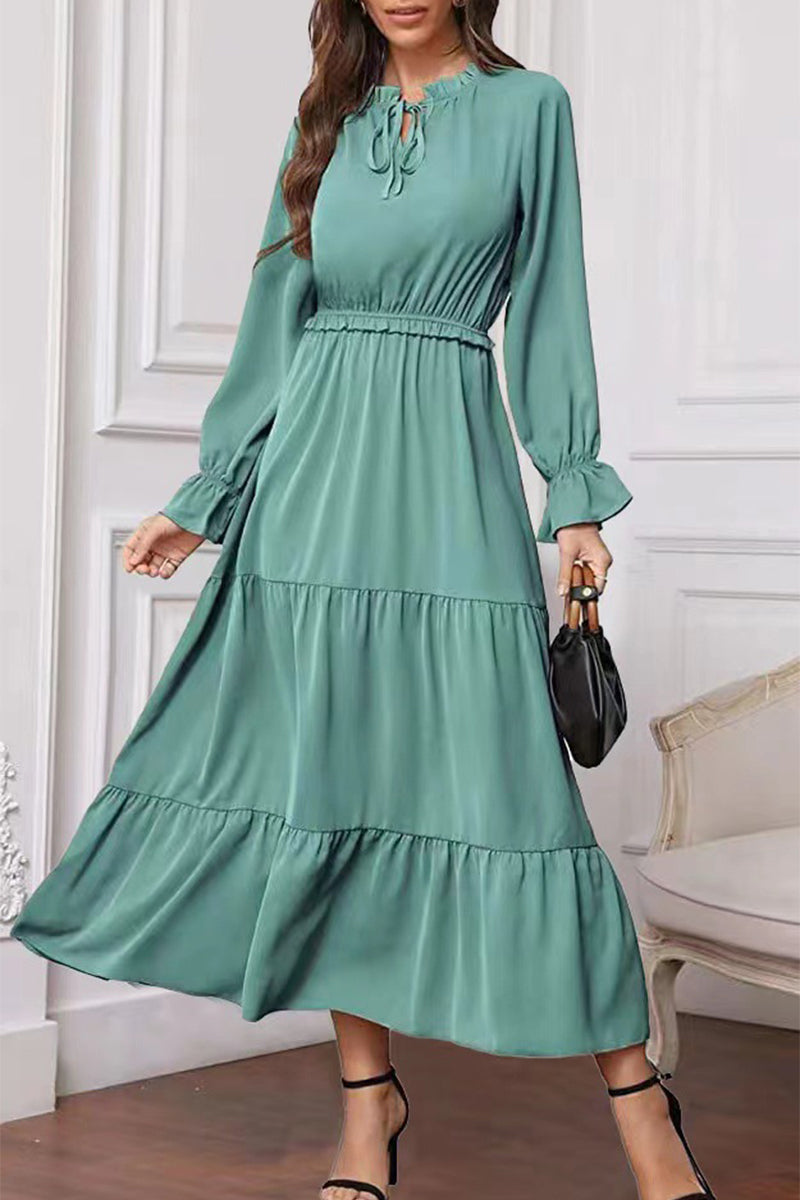 acelimosf™-Fashion Elegant Solid Frenulum Lotus Leaf Collar Long Dress Dresses