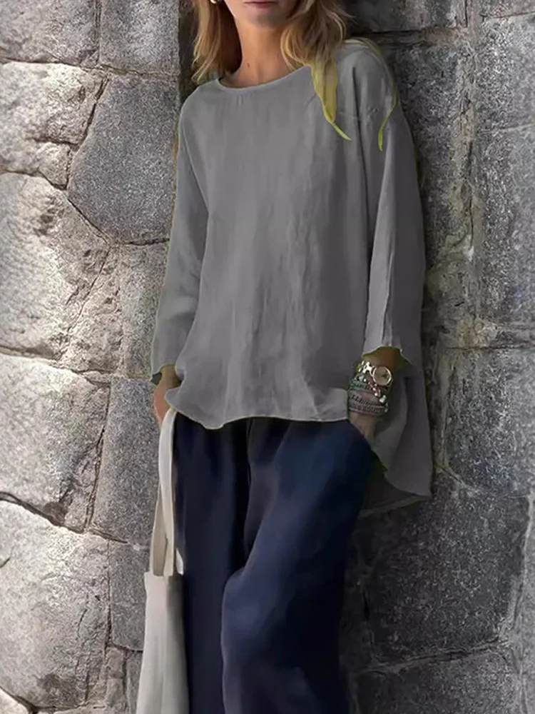 Women Solid Color Cotton And Linen Long Sleeve Shirt