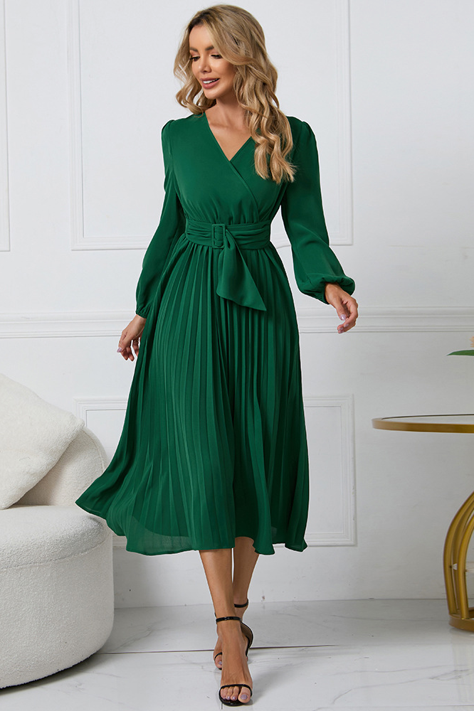 acelimosf™-Slim fit pleated belted V-neck dress