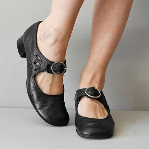 Mary Jane Leather Comfortable Low-Heeled Buckle Strap Shoes