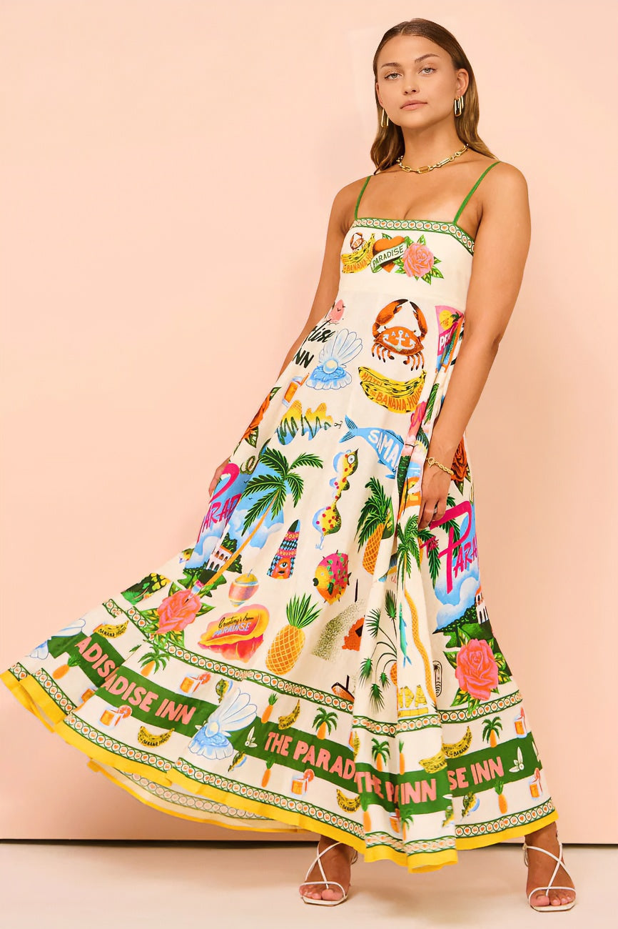 acelimosf™-Sling graffiti print sleeveless full skirt dress