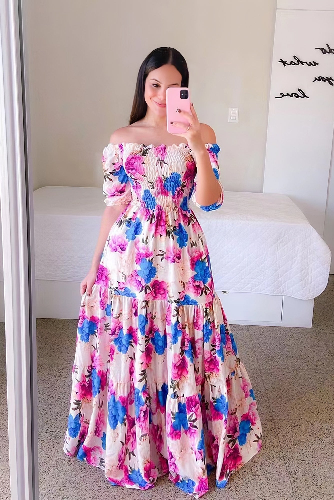 acelimosf™-One-shoulder floral off-shoulder long printed dress