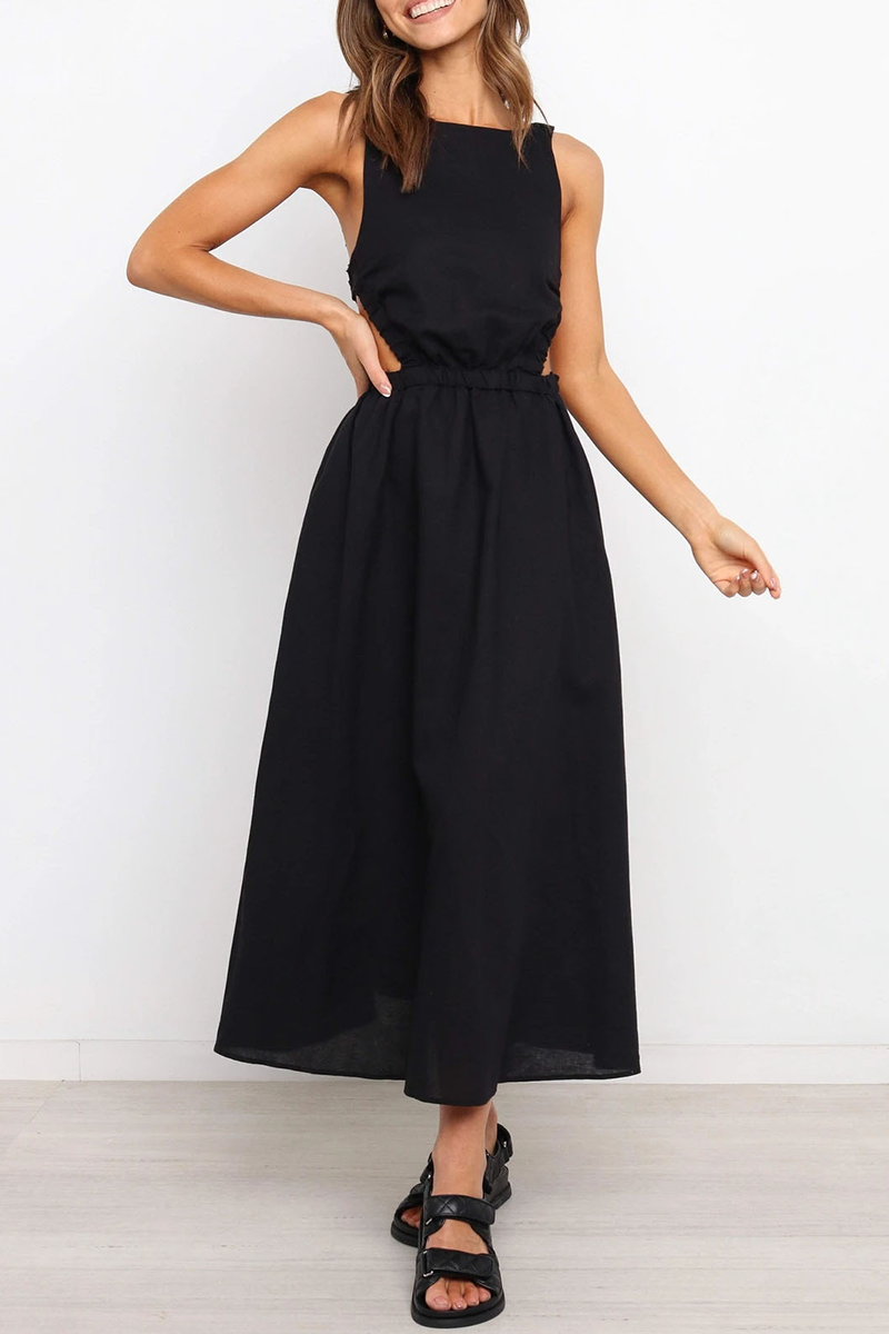 acelimosf™-Casual Solid Backless O Neck Waist Skirt Dresses