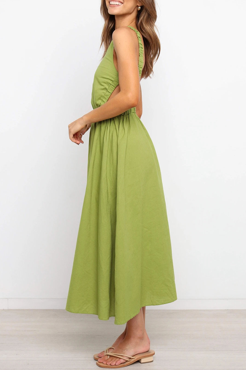 acelimosf™-Casual Solid Backless O Neck Waist Skirt Dresses