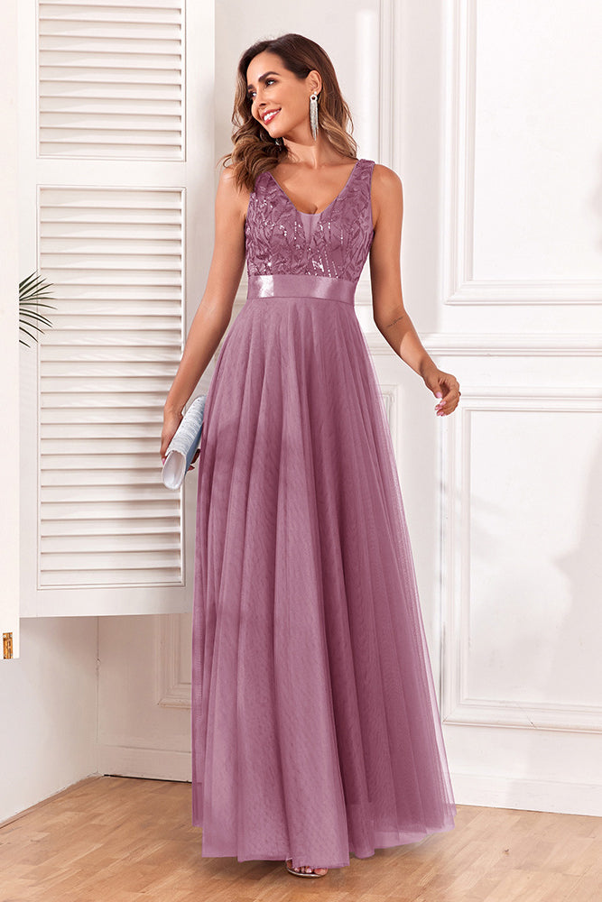 acelimosf™-Spliced Elastic Waist Sleeveless V Neck Evening Dress Tulle Embroidery Long Party Dress