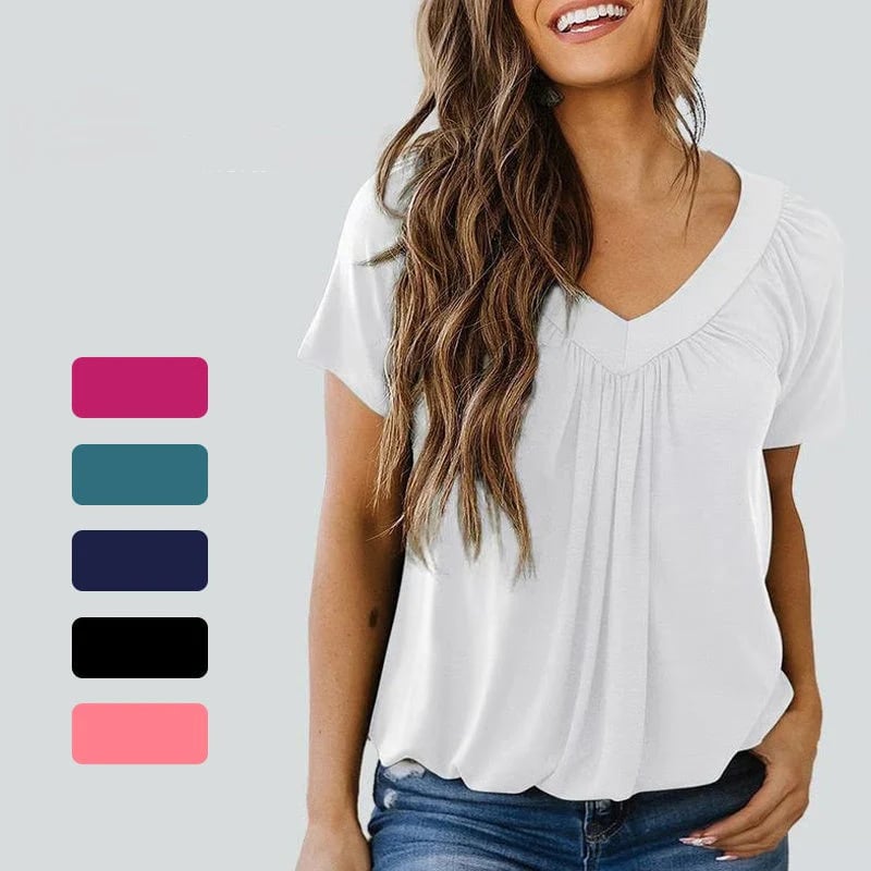 ✨Women's Casual Pleated V-Neck Short-Sleeve Top
