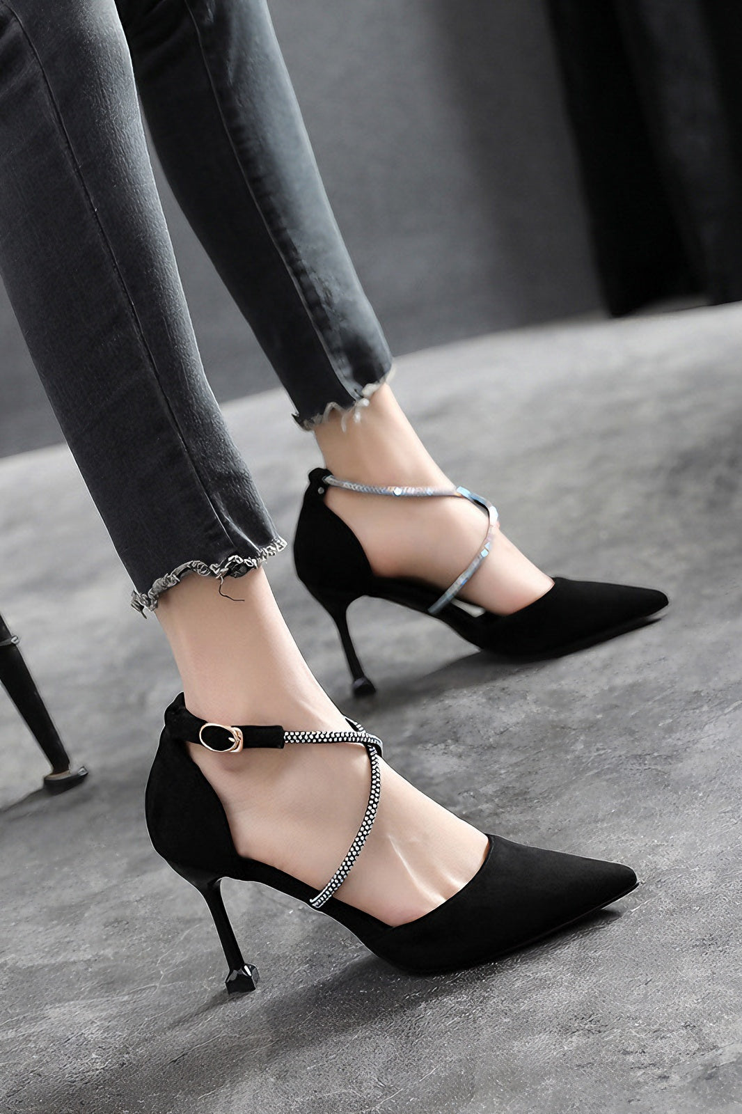 acelimosf™-Black temperament hollow stiletto pointed toe high heels