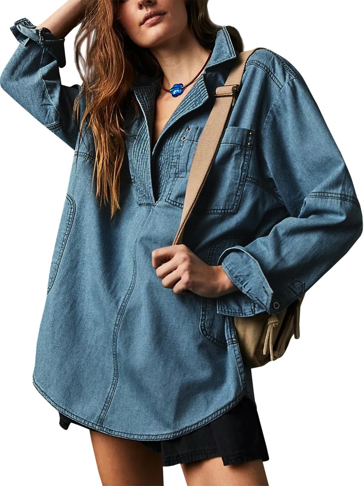 Limited time sale🔥Women's Denim V-Neck Pullover Shirt