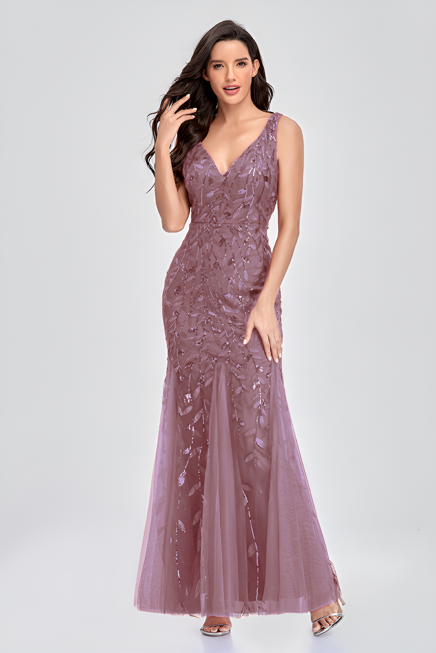 acelimosf™-Evening dress v-neck tulle embroidered sequin sexy mermaid ball gown