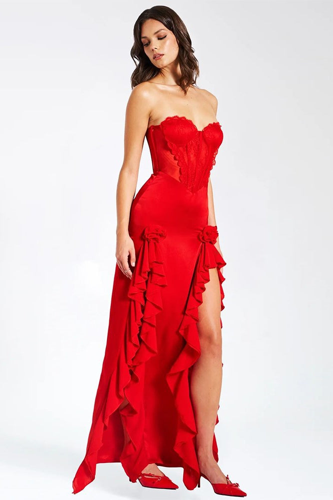 acelimosf™-Strapless dress ruffled slimming high slit evening dress