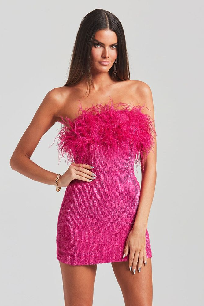 acelimosf™-Sexy backless ostrich feather fringed tube top evening dress