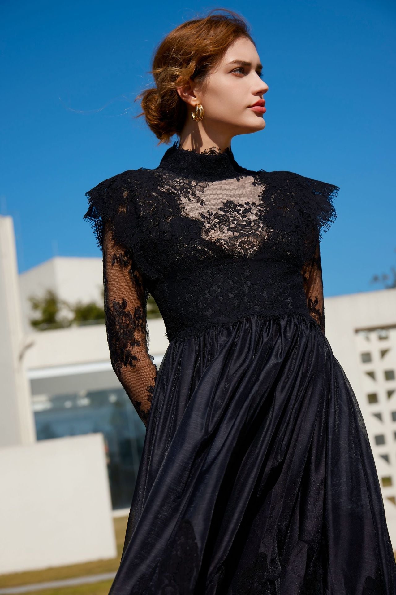 acelimosf™-Long-sleeved lace mid-neck patchwork evening gown