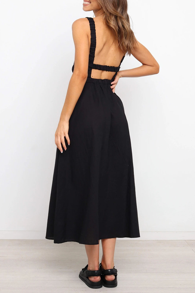 acelimosf™-Casual Solid Backless O Neck Waist Skirt Dresses