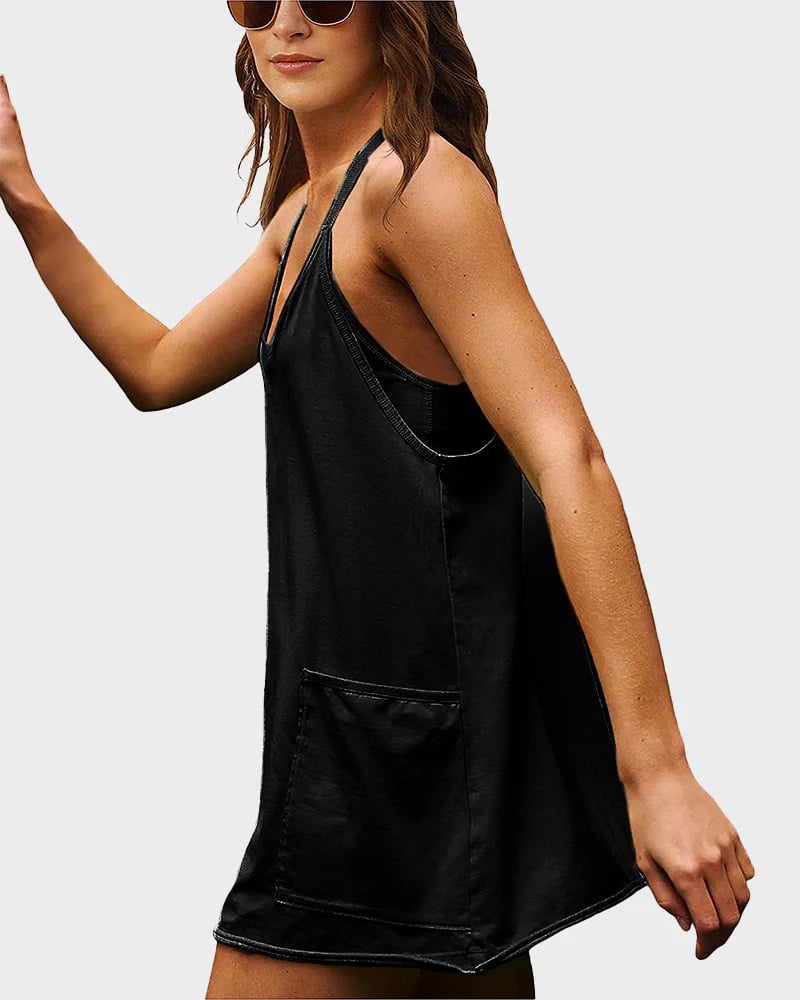 Womens Athletic Sleeveless Mini Dress with Built-in Shorts V Neck Spaghetti Strap Short Tennis Dress with Pockets