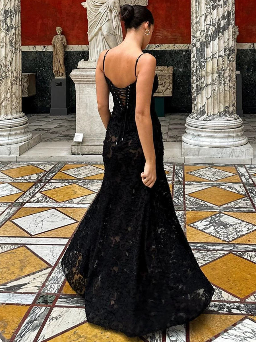 acelimosf™-Black see-through suspender skirt sexy backless long dress evening dress