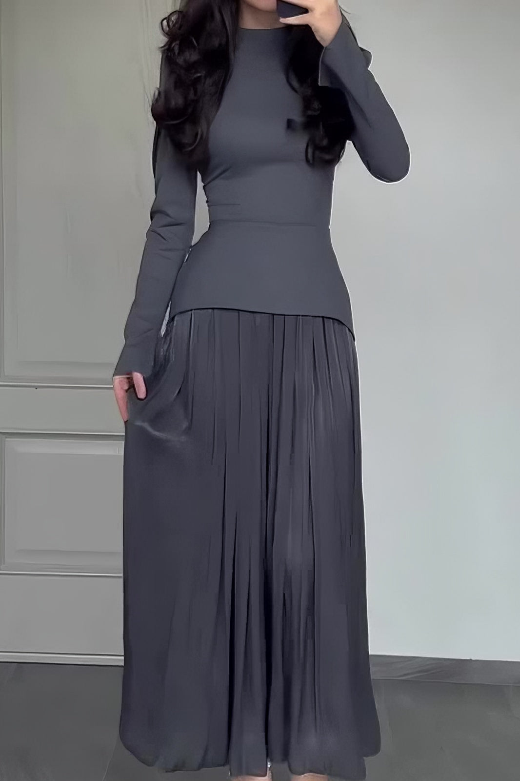 acelimosf™-Solid color fashionable stitching design round neck pleated long skirt