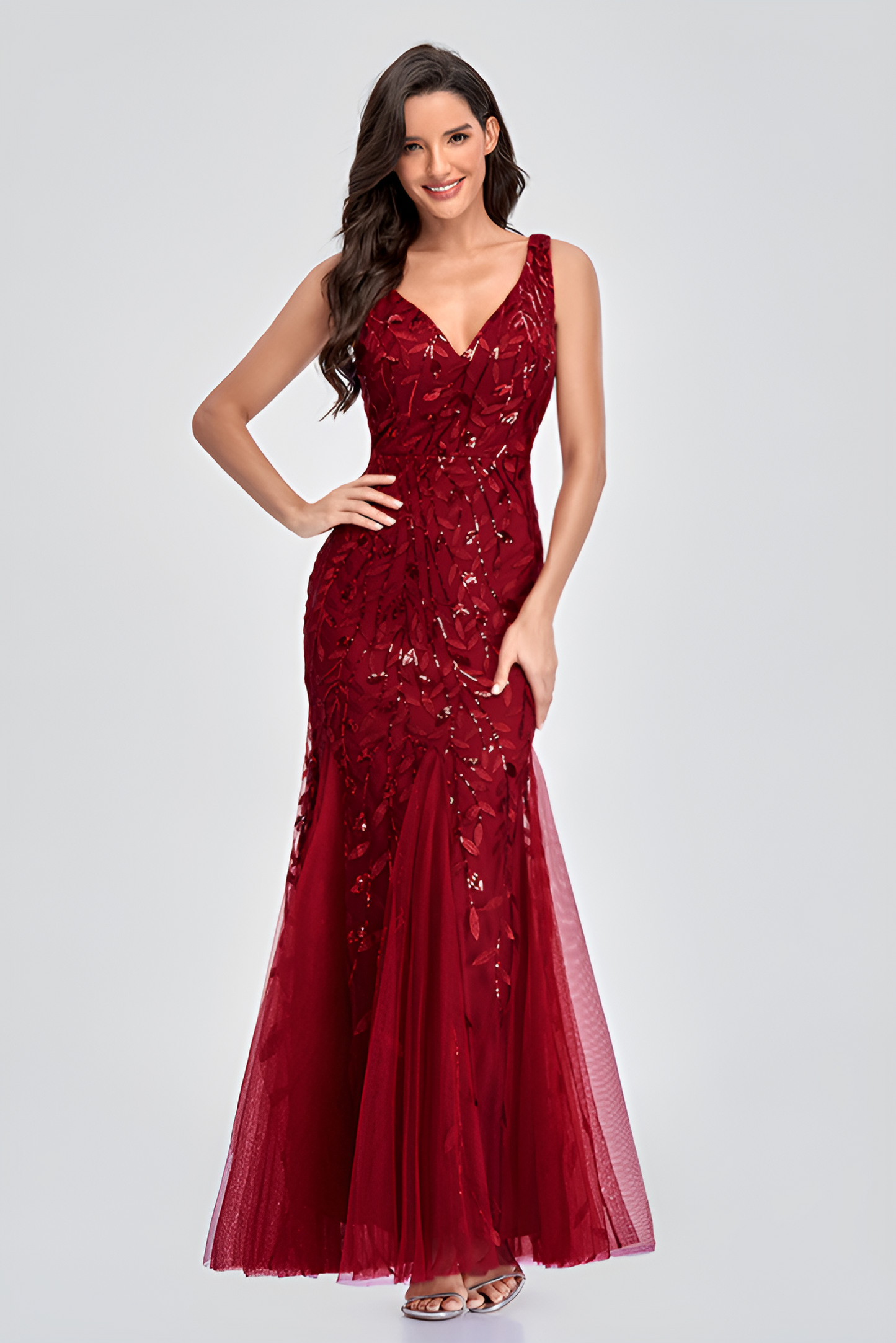 acelimosf™-Evening dress v-neck tulle embroidered sequin sexy mermaid ball gown