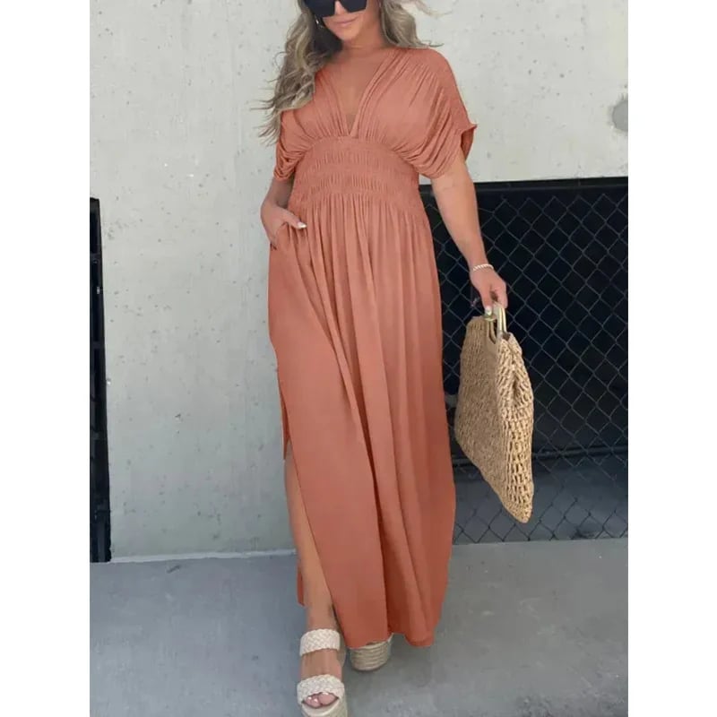 acelimosf™-  SLIT V-NECK EFFORTLESS MAXI LONG DRESS