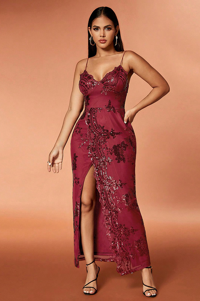 acelimosf™-Sequined slit skirt hip-hugging sexy evening dress