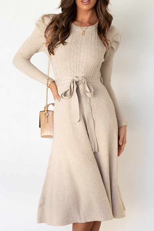 acelimosf™-Elegant Solid With Belt O Neck Sweater Dresses