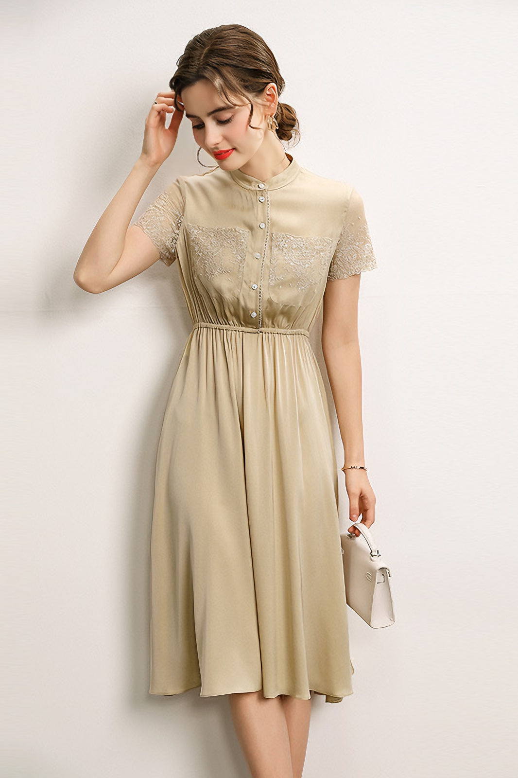 acelimosf™-Waist-stitched lace stand-collar short-sleeved mid-length dress