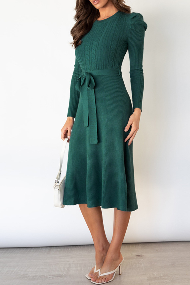 acelimosf™-Elegant Solid With Belt O Neck Sweater Dresses